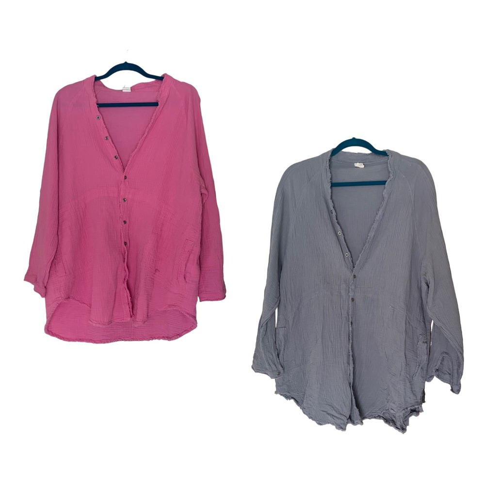 Cotton Double Gauze Button Down Shirt Pink Blue 2PC Bundle Large Pockets